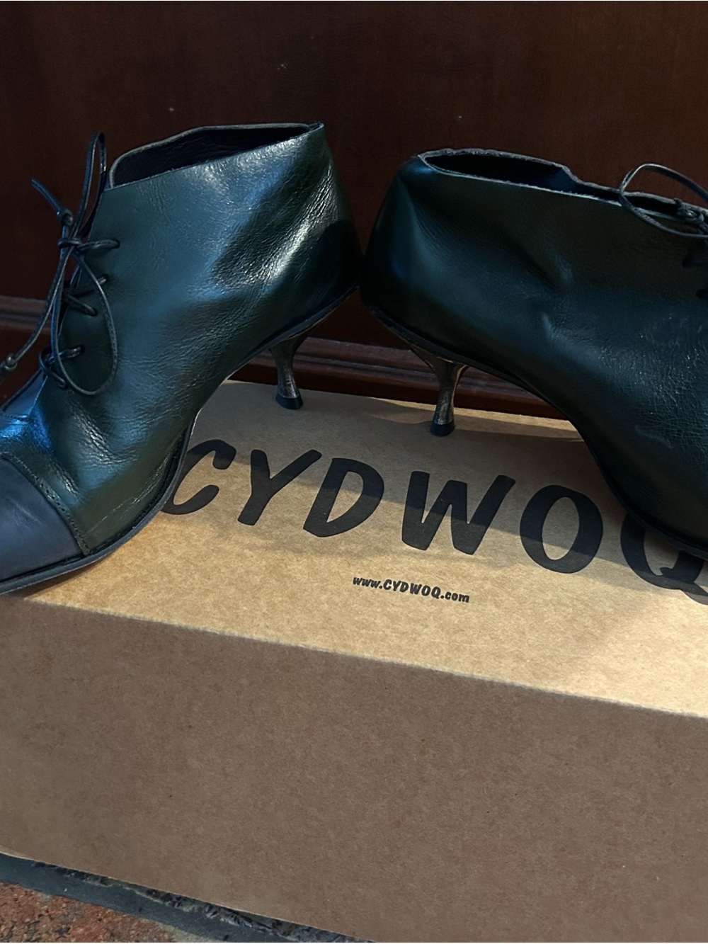 Women's Black with Dark Green Leather Accents Lace-Up Kitten Heel Ankle Boots